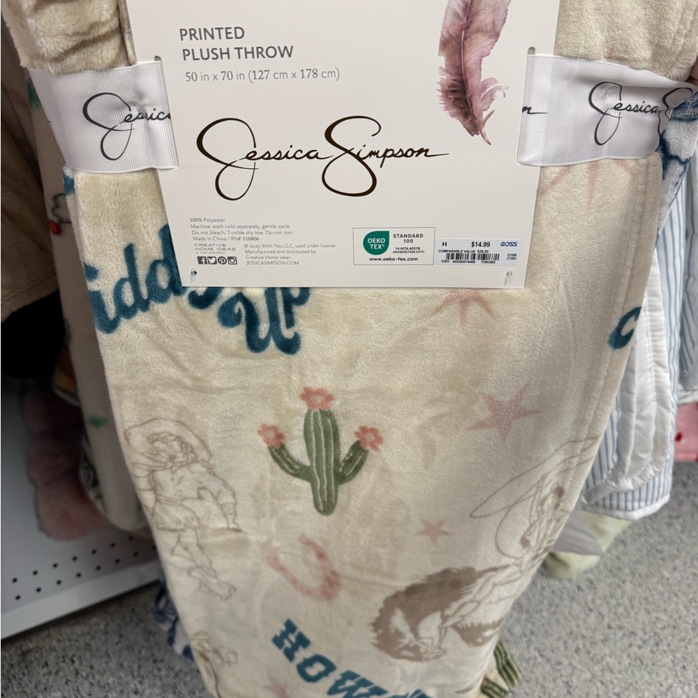 Giddy up howdy cowgirl Cream and Blue Cactus Plush Throw